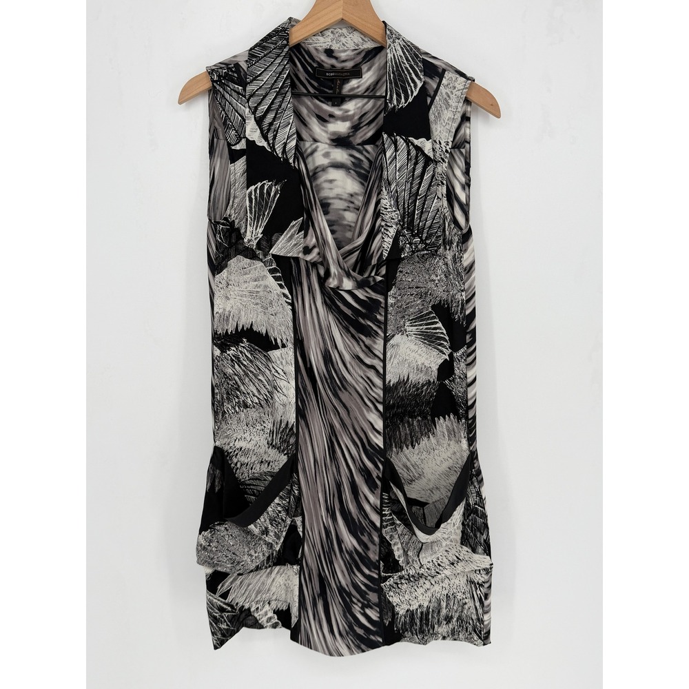 BCBGMAXAZRIA Silk Sleeveless Tunic Dress Small Black White Abstract Print Artsy